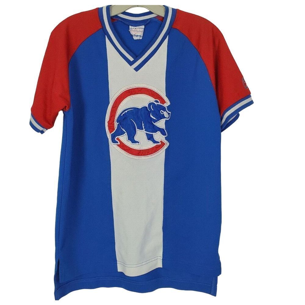VTG Majestic Chicago Cubs Mens S Blue Pullover Stripe Jersey Shirt SS Vneck